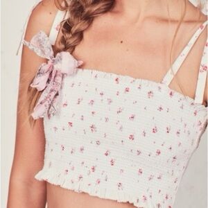 LoveShackFancy Gracie Smock Cropped Floral Top in Whisper Pink White Small
